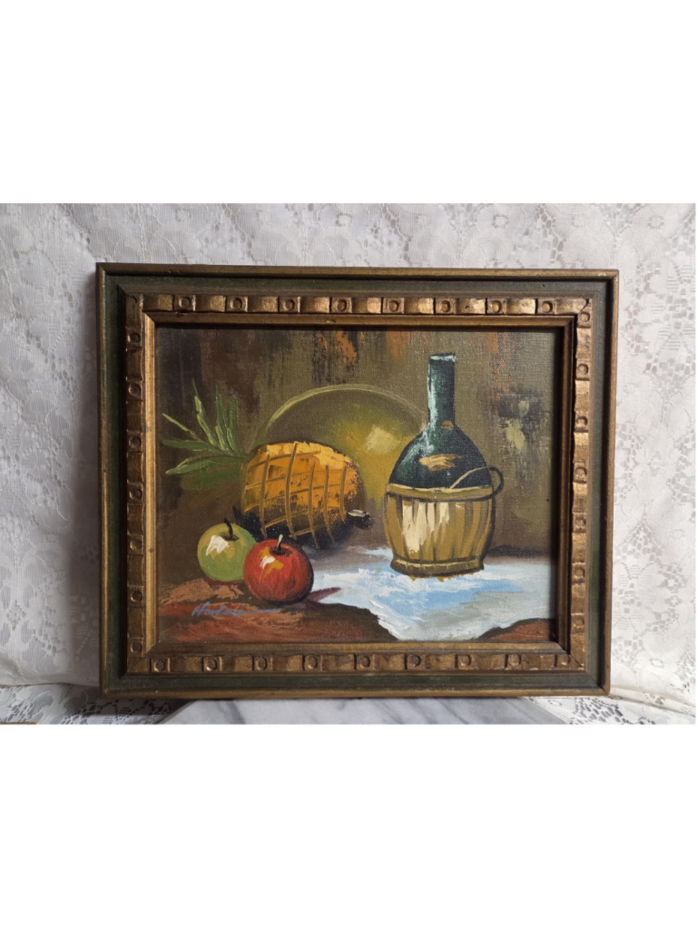 Vintage Wine & Fruit Oil Painting | Mid-Century Still Life in Gold Frame